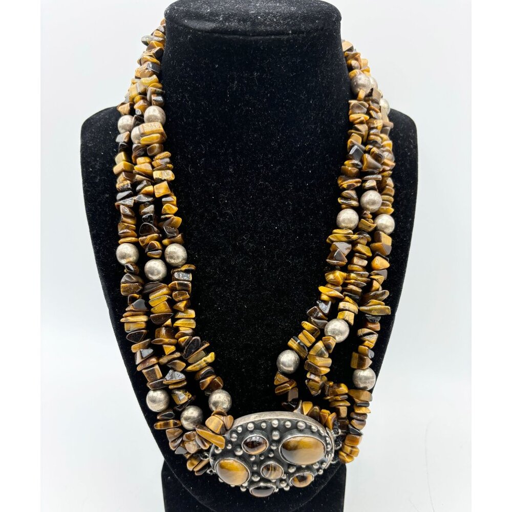 Sterling Silver 3-Strand Genuine Gemstone Tigers Eye Necklace-Vintage